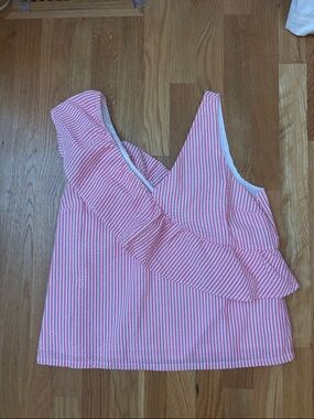Vineyard Vines Pink and White Striped One-Shoulder Ruffle Camisole